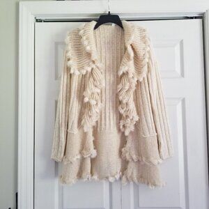 Lapis Women's Cardigan Medium Cream Faux Fur Buttons Knit Ruffle Layered